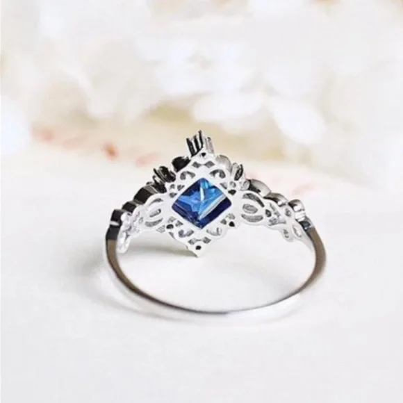Retro Princess Cut Blue Sapphire Diamond Gemstone Ring - Picture 3 of 4